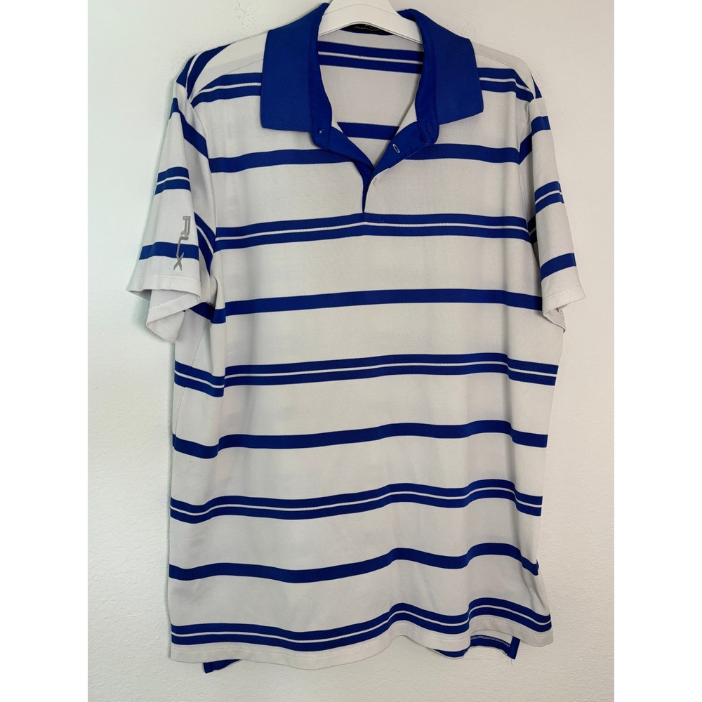 RLX Ralph Lauren Mens XL Golf Polo Shirt Blue White Striped Short Sleeve Logo
